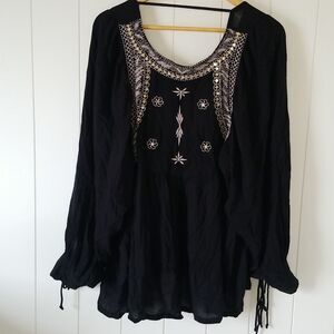 Anandas Collection Bali Birdie Peasant Top Embroidered Black Boho Hippie
